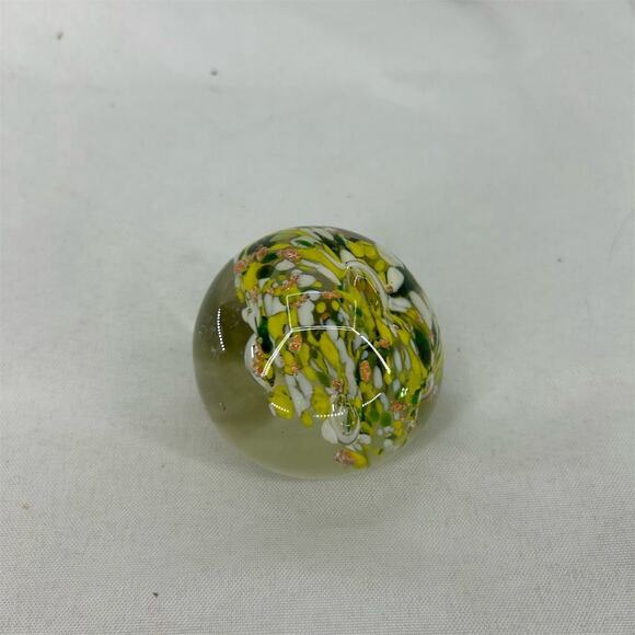 Vintage Yellow Floral Art Glass Paperweight White Accent Design - Picture 6 of 8